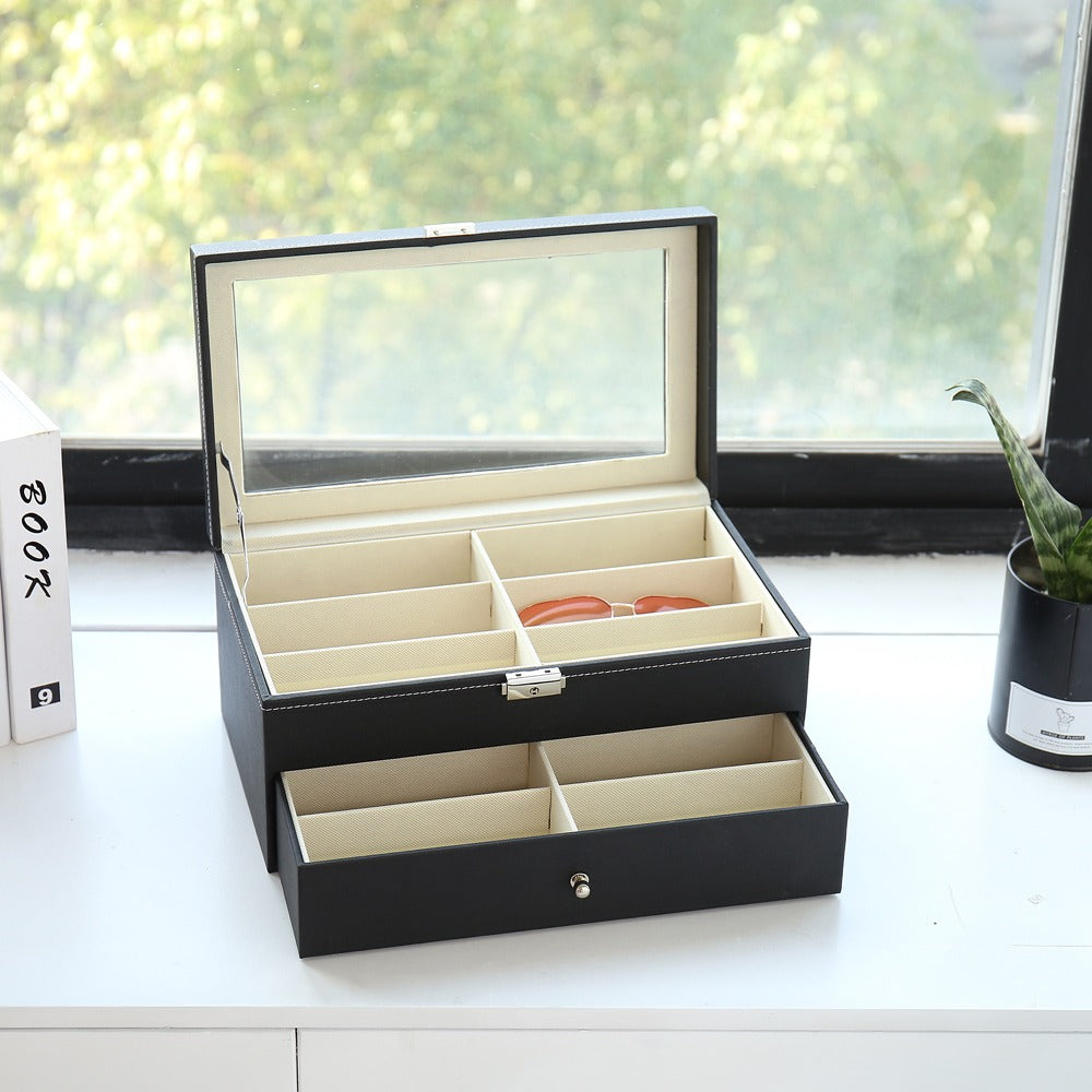 AEELLEEA Glasses Display Box with Lock, 2-Tier Sunglasses Jewelry Organizer with Clear Glass Top, PU Leather Eyeglasses Storage Case, Black