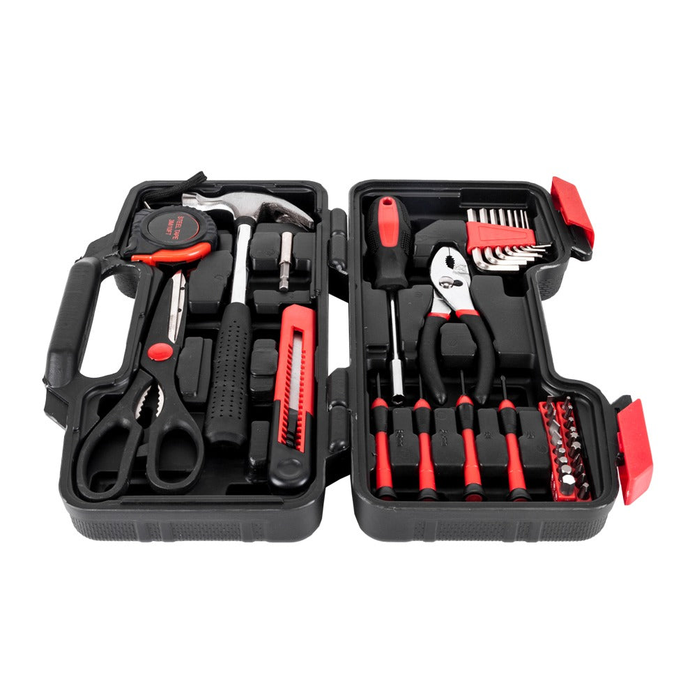 AEELLEEA 39-Piece Home Repair Tool Kit, Household Hand Tool Set with Blow Molded Case, Carbon Steel Hammer Screwdriver Pliers Set for DIY, Red