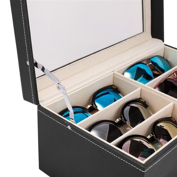 AEELLEEA Glasses Display Box with Lock, 2-Tier Sunglasses Jewelry Organizer with Clear Glass Top, PU Leather Eyeglasses Storage Case, Black