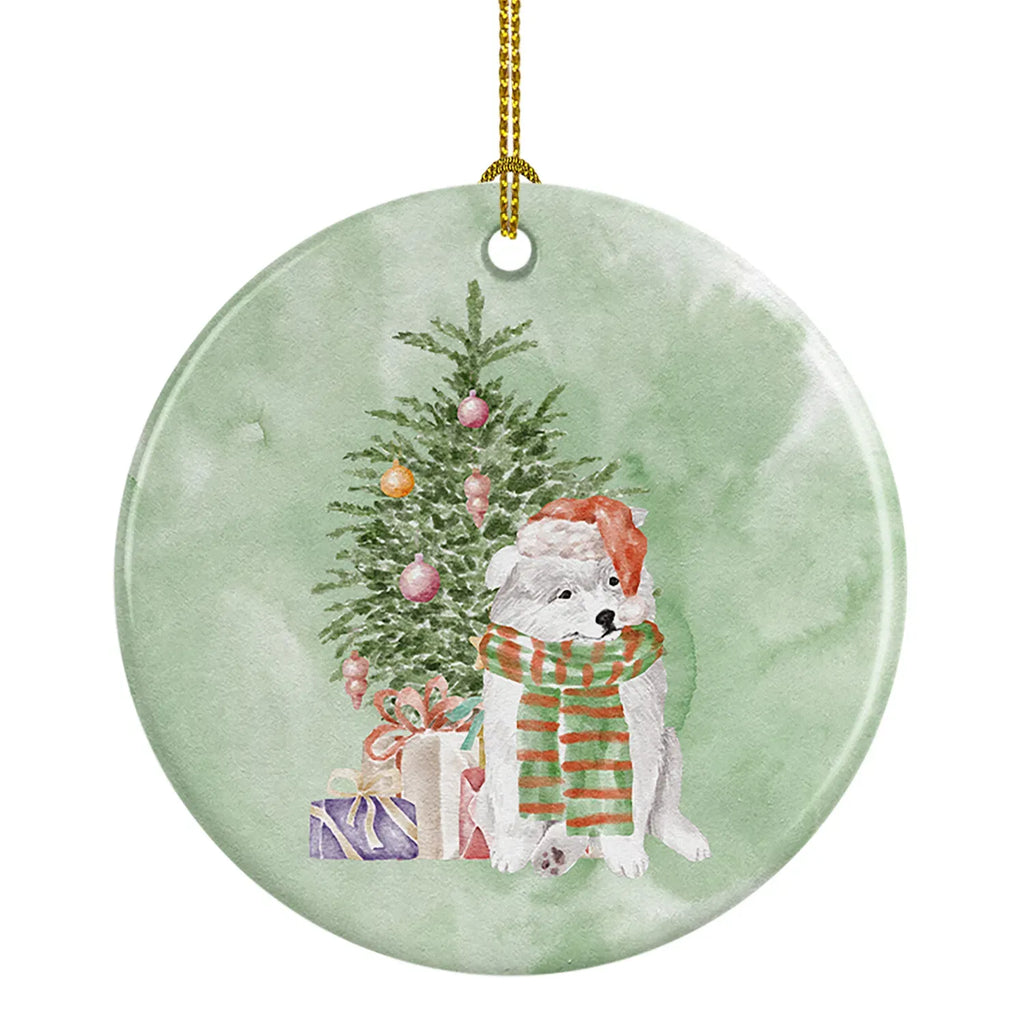 AEELLEEA Samoyed Christmas Ceramic Ornament, Round Xmas Tree Hanging Decor, Blank Back for Personalized Custom Message