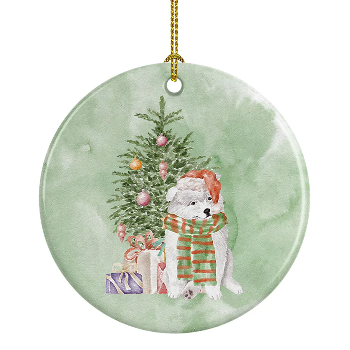 AEELLEEA Samoyed Christmas Ceramic Ornament, Round Xmas Tree Hanging Decor, Blank Back for Personalized Custom Message
