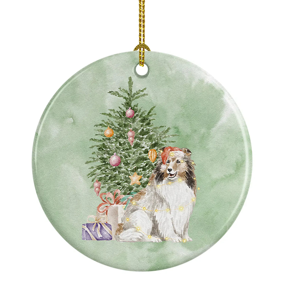 AEELLEEA Shetland Sheepdog Christmas Ceramic Ornament, Round Xmas Tree Hanging Decor, Blank Back for Personalized Custom Message