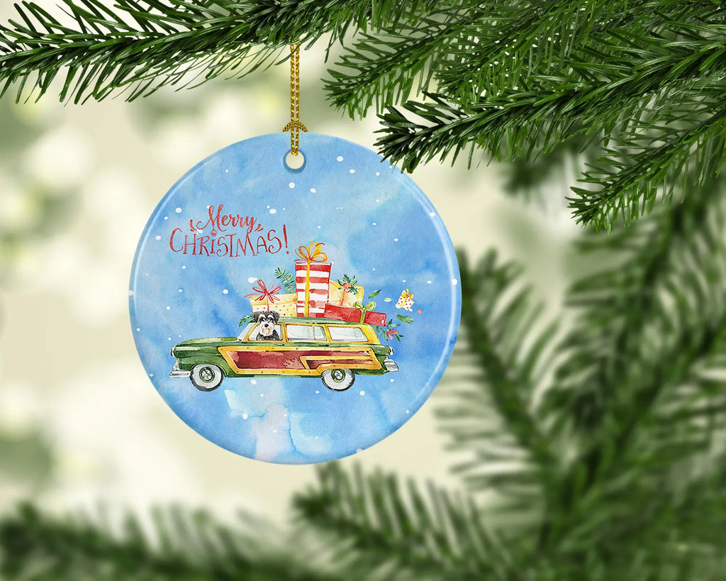AEELLEEA Schnauzer Christmas Ceramic Ornament, Round Xmas Tree Hanging Decor, Blank Back for Personalized Custom Message