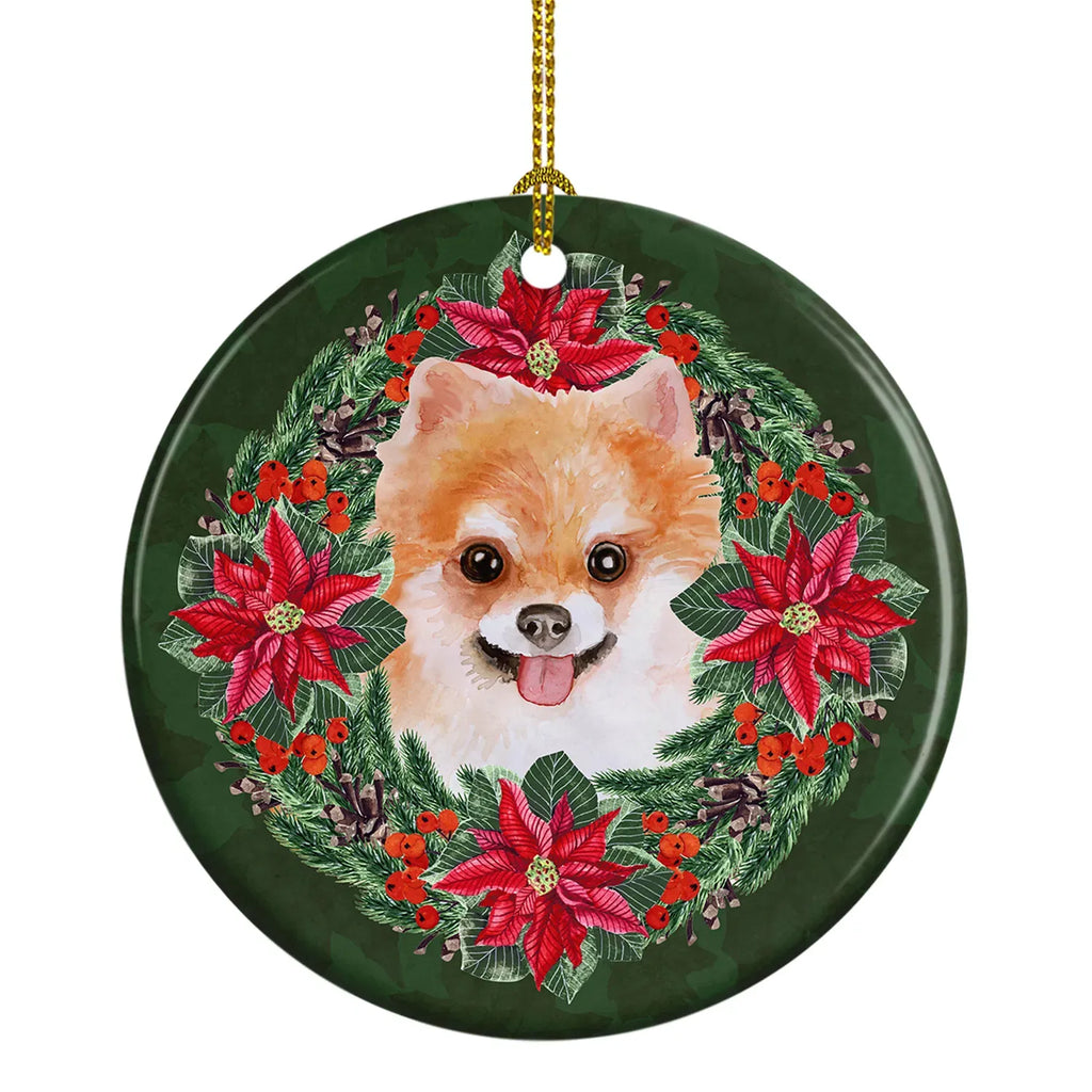 AEELLEEA Pomeranian Christmas Ceramic Ornament, Round Xmas Tree Hanging Decor, Blank Back for Personalized Custom Message