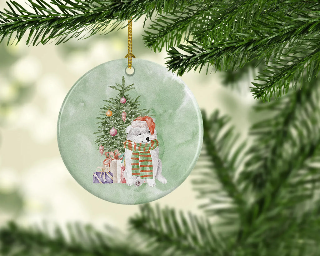 AEELLEEA Samoyed Christmas Ceramic Ornament, Round Xmas Tree Hanging Decor, Blank Back for Personalized Custom Message