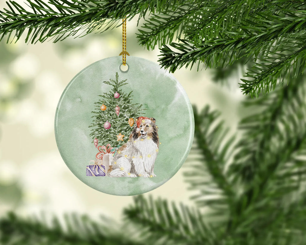 AEELLEEA Shetland Sheepdog Christmas Ceramic Ornament, Round Xmas Tree Hanging Decor, Blank Back for Personalized Custom Message
