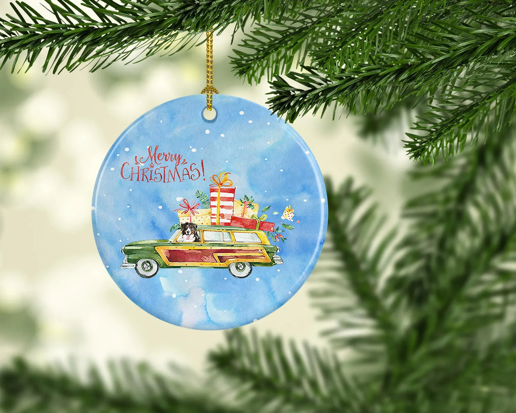 AEELLEEA Australian Shepherd Christmas Ceramic Ornament, Round Xmas Tree Hanging Decor, Blank Back for Personalized Custom Message