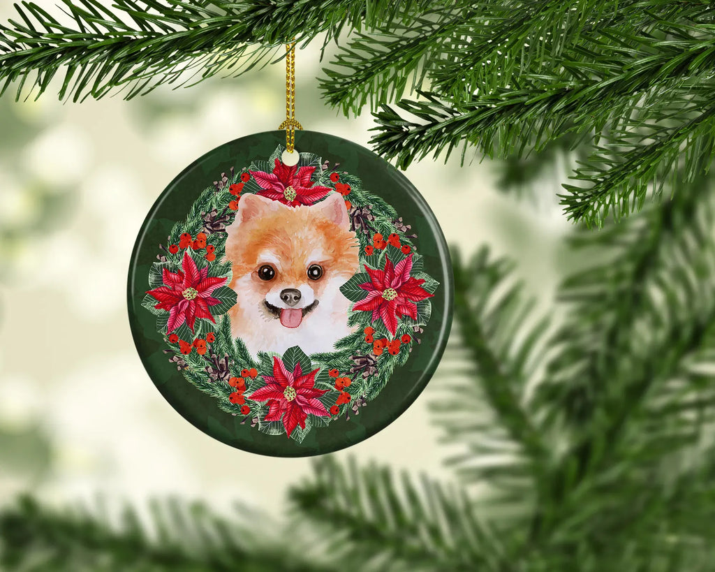 AEELLEEA Pomeranian Christmas Ceramic Ornament, Round Xmas Tree Hanging Decor, Blank Back for Personalized Custom Message