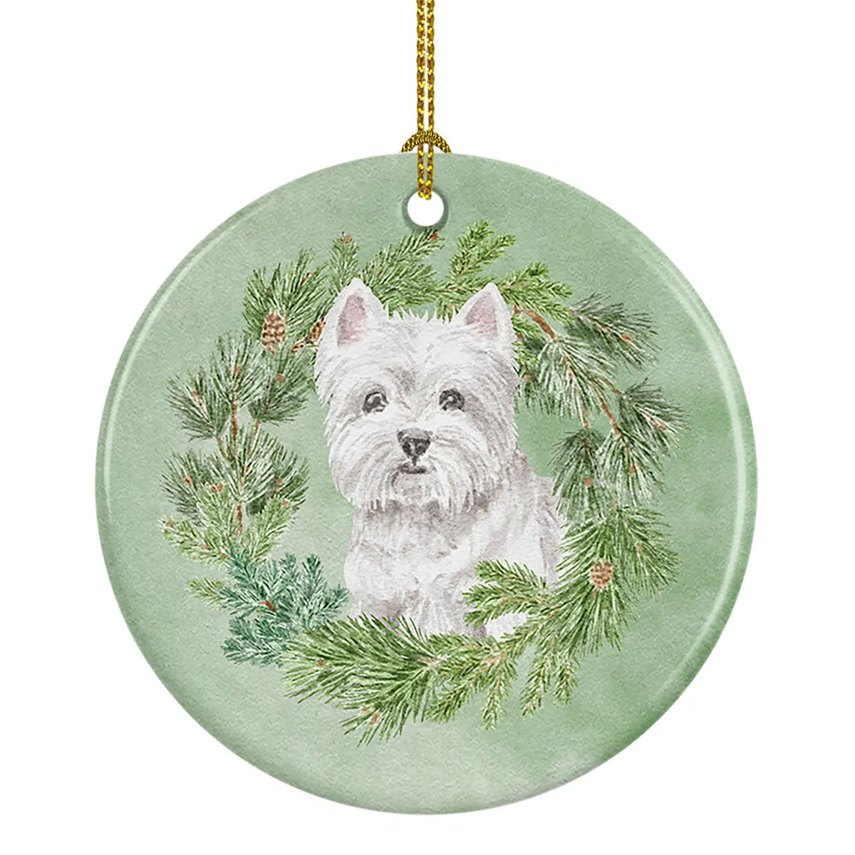 AEELLEEA West Highland White Terrier Christmas Ceramic Ornament, Round Xmas Tree Hanging Decor, Blank Back for Personalized Custom Message