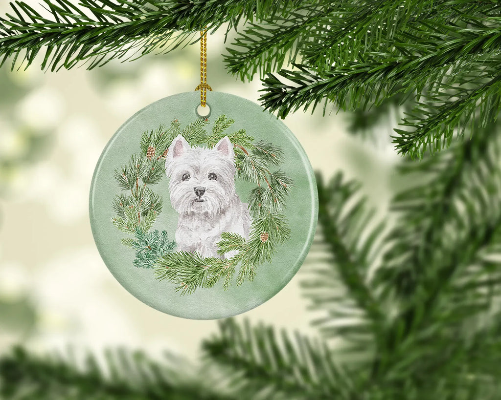 AEELLEEA West Highland White Terrier Christmas Ceramic Ornament, Round Xmas Tree Hanging Decor, Blank Back for Personalized Custom Message