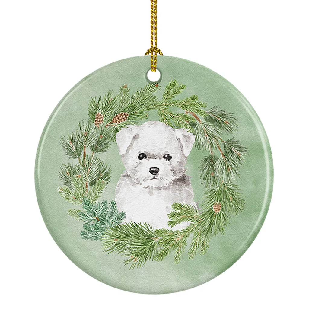 Maltese Puppy Christmas Ceramic Ornament, Round Xmas Tree Hanging Decor, Blank Back for Custom Handwritten Notes