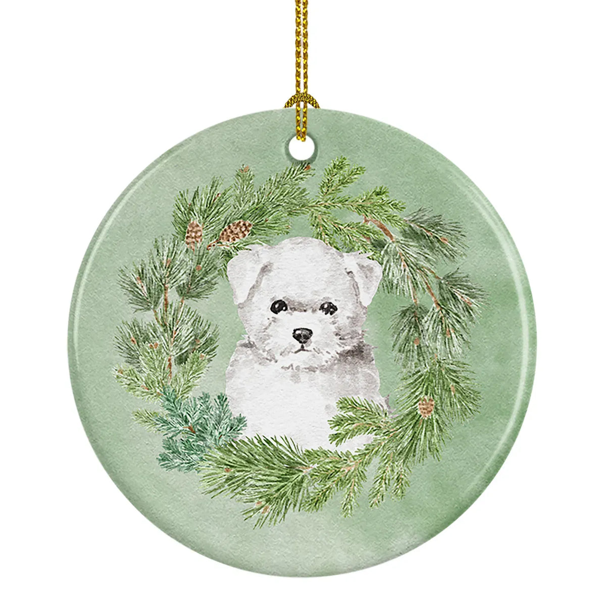 Maltese Puppy Christmas Ceramic Ornament, Round Xmas Tree Hanging Decor, Blank Back for Custom Handwritten Notes