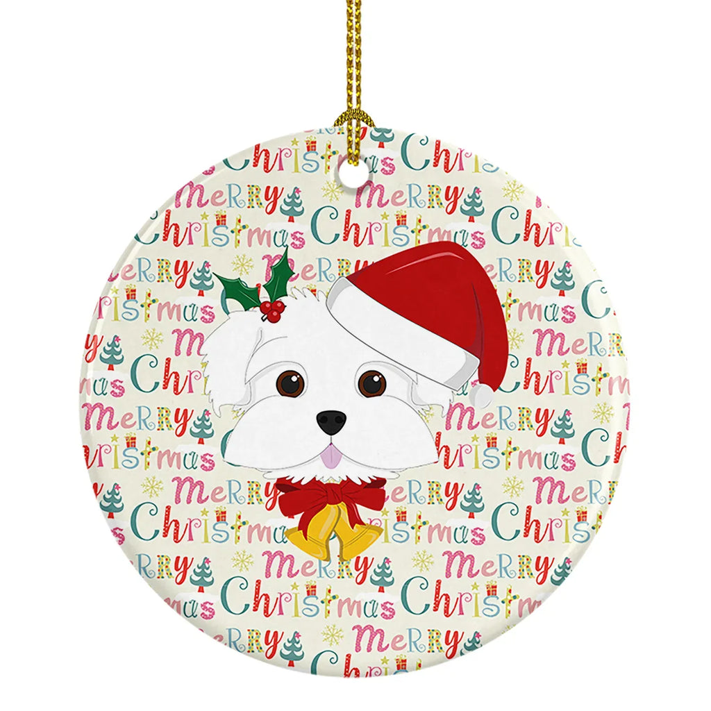 Maltese Dog Christmas Ceramic Ornament, Round Xmas Tree Hanging Decor, Blank Back for Custom Handwritten Notes