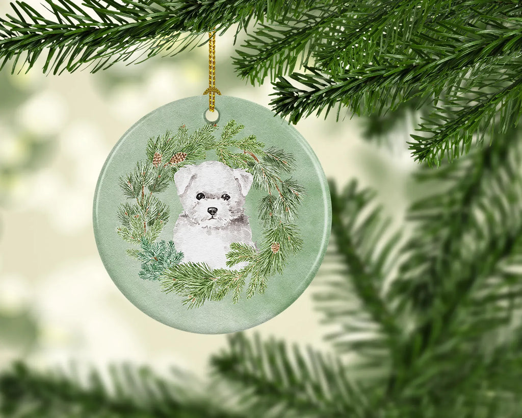 Maltese Puppy Christmas Ceramic Ornament, Round Xmas Tree Hanging Decor, Blank Back for Custom Handwritten Notes