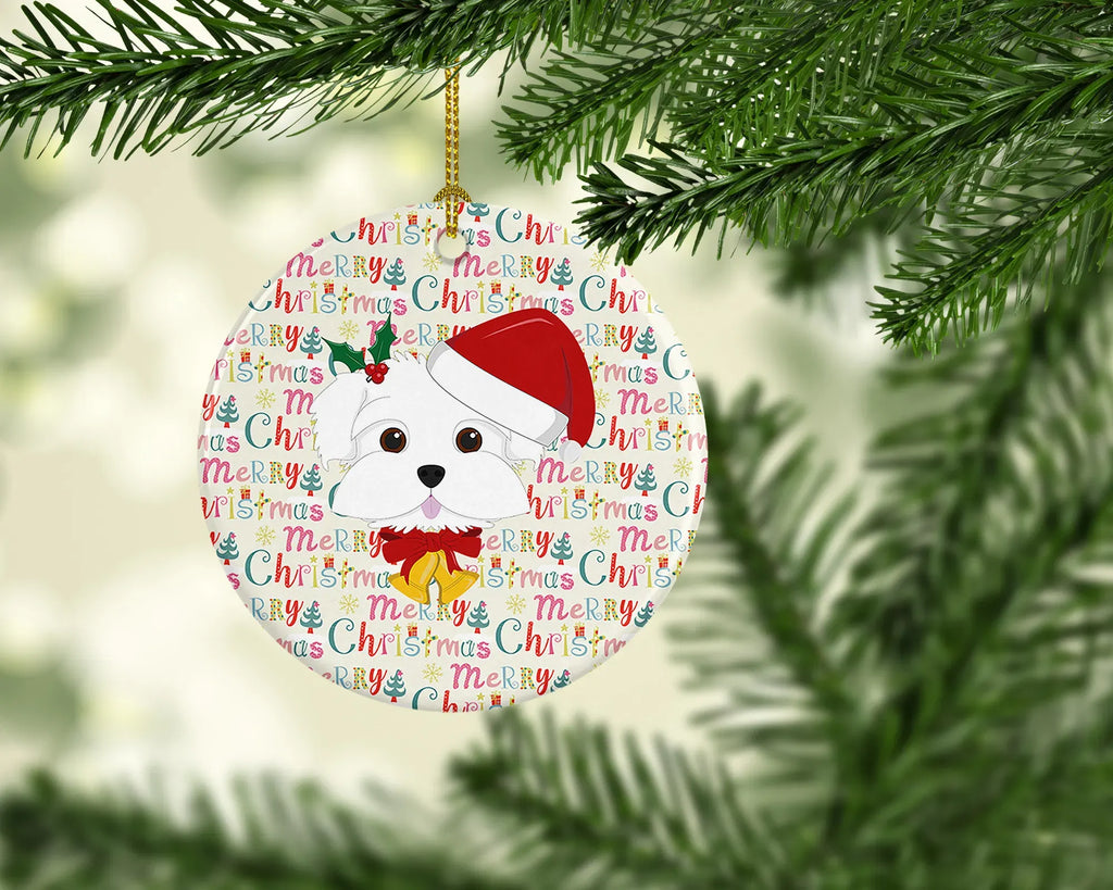 Maltese Dog Christmas Ceramic Ornament, Round Xmas Tree Hanging Decor, Blank Back for Custom Handwritten Notes