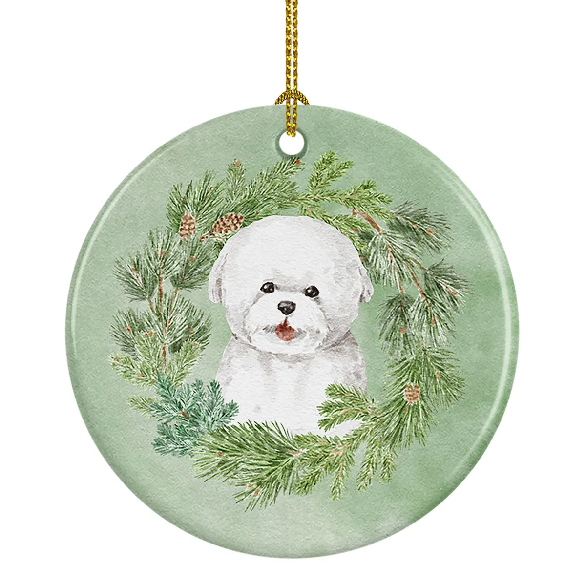 Bichon Frise Dog Christmas Ceramic Ornament, Round Xmas Tree Hanging Decor, Blank Back for Custom Handwritten Notes