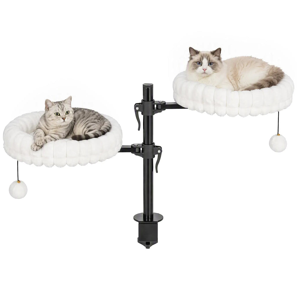 AEELLEEA Double Clamp-on Cat Perch, 360° Adjustable Plush Cat Bed with Pom Pom Toy, Steel Frame for Two Cats Up to 6kg