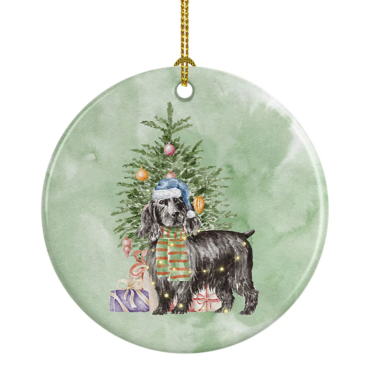 AEELLEEA Black Cocker Spaniel Christmas Ceramic Ornament, Round Xmas Tree Hanging Decor, Blank Back for Personalized Custom Message
