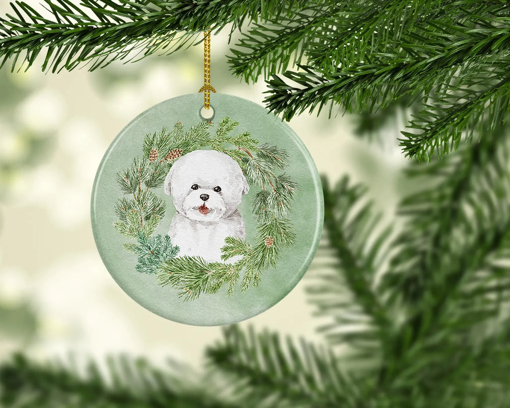 Bichon Frise Dog Christmas Ceramic Ornament, Round Xmas Tree Hanging Decor, Blank Back for Custom Handwritten Notes