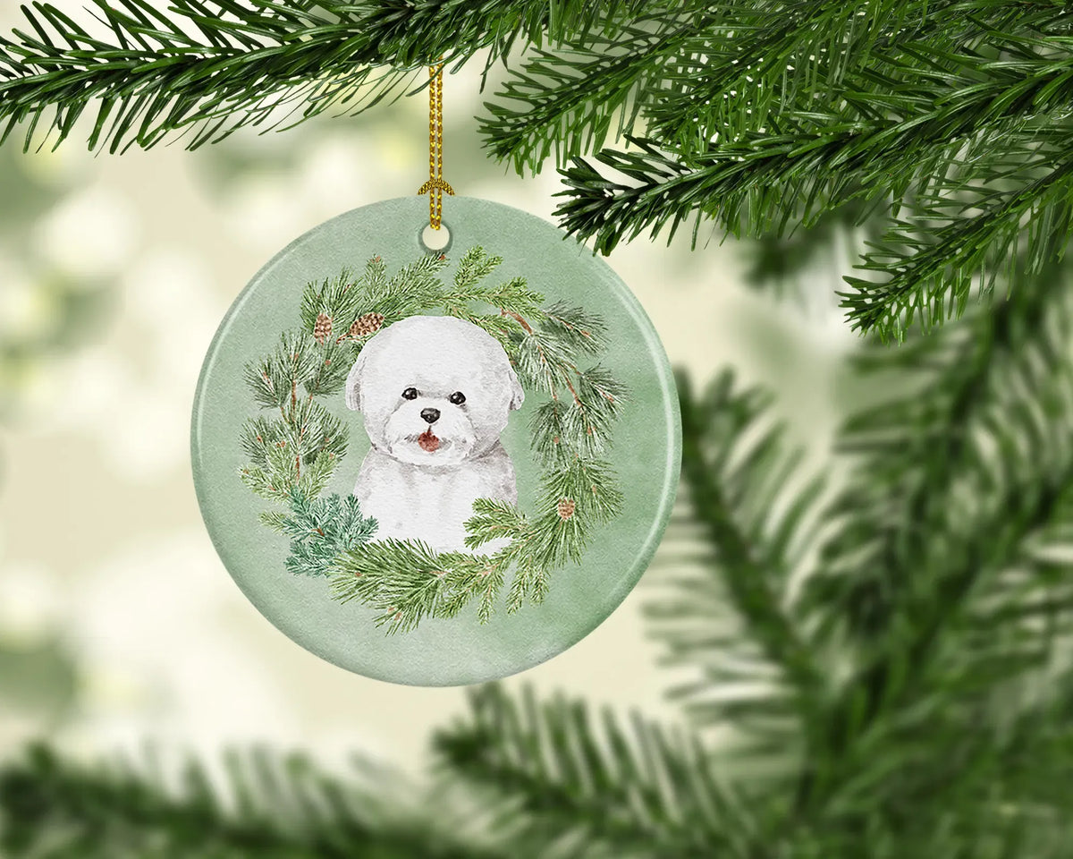 Bichon Frise Dog Christmas Ceramic Ornament, Round Xmas Tree Hanging Decor, Blank Back for Custom Handwritten Notes