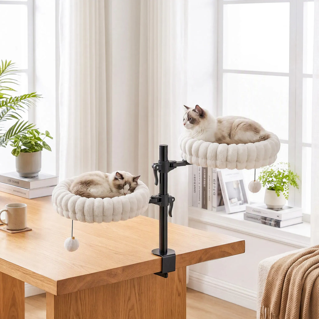 AEELLEEA Double Clamp-on Cat Perch, 360° Adjustable Plush Cat Bed with Pom Pom Toy, Steel Frame for Two Cats Up to 6kg