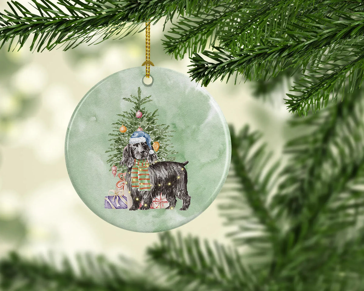 AEELLEEA Black Cocker Spaniel Christmas Ceramic Ornament, Round Xmas Tree Hanging Decor, Blank Back for Personalized Custom Message