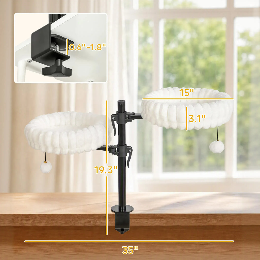 AEELLEEA Double Clamp-on Cat Perch, 360° Adjustable Plush Cat Bed with Pom Pom Toy, Steel Frame for Two Cats Up to 6kg