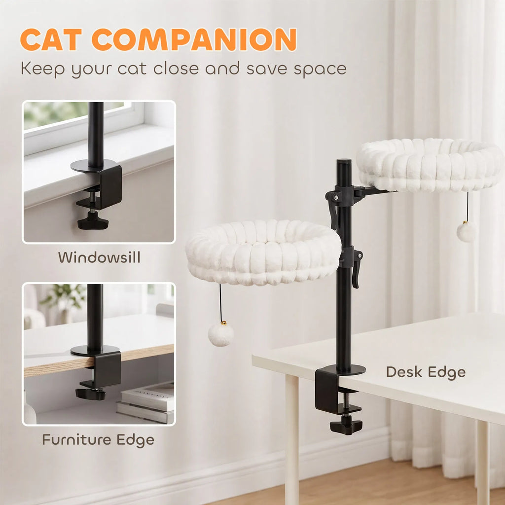 AEELLEEA Double Clamp-on Cat Perch, 360° Adjustable Plush Cat Bed with Pom Pom Toy, Steel Frame for Two Cats Up to 6kg
