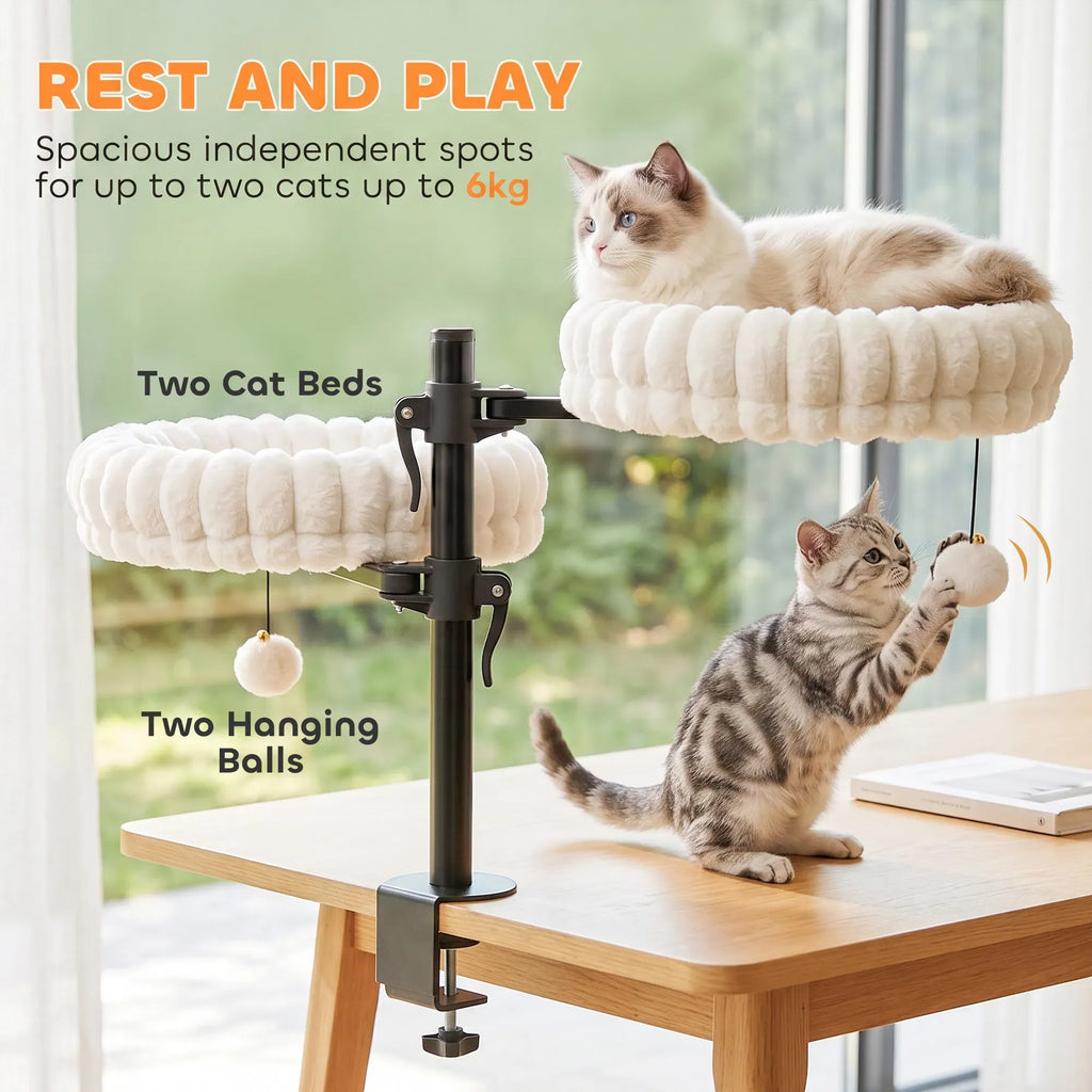 AEELLEEA Double Clamp-on Cat Perch, 360° Adjustable Plush Cat Bed with Pom Pom Toy, Steel Frame for Two Cats Up to 6kg