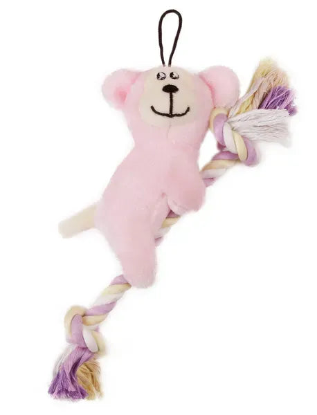 Cute Pink Monkey Dog Rope Toy, Stuffed Plush Tug Chew Toy with Braided Rope for Puppy Interactive Play