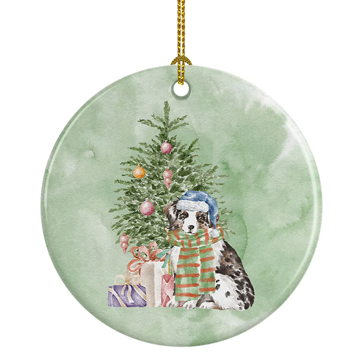 AEELLEEA Australian Shepherd Christmas Ceramic Ornament, Round Double Sided Xmas Tree Hanging Decor, Blank Back for Personalized Message