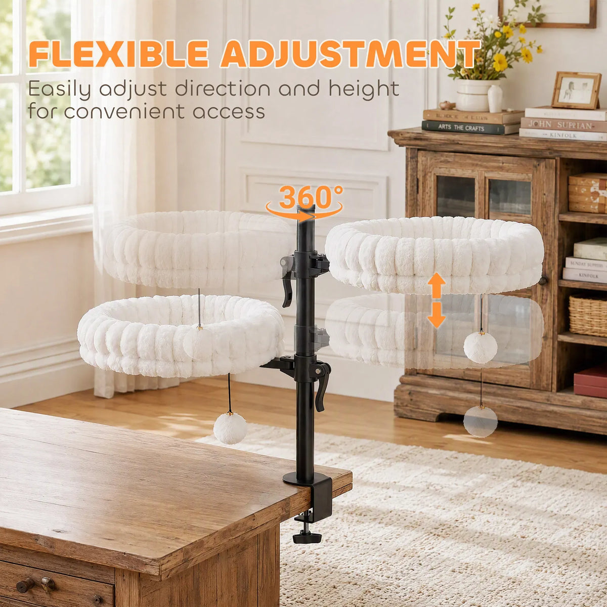 AEELLEEA Double Clamp-on Cat Perch, 360° Adjustable Plush Cat Bed with Pom Pom Toy, Steel Frame for Two Cats Up to 6kg
