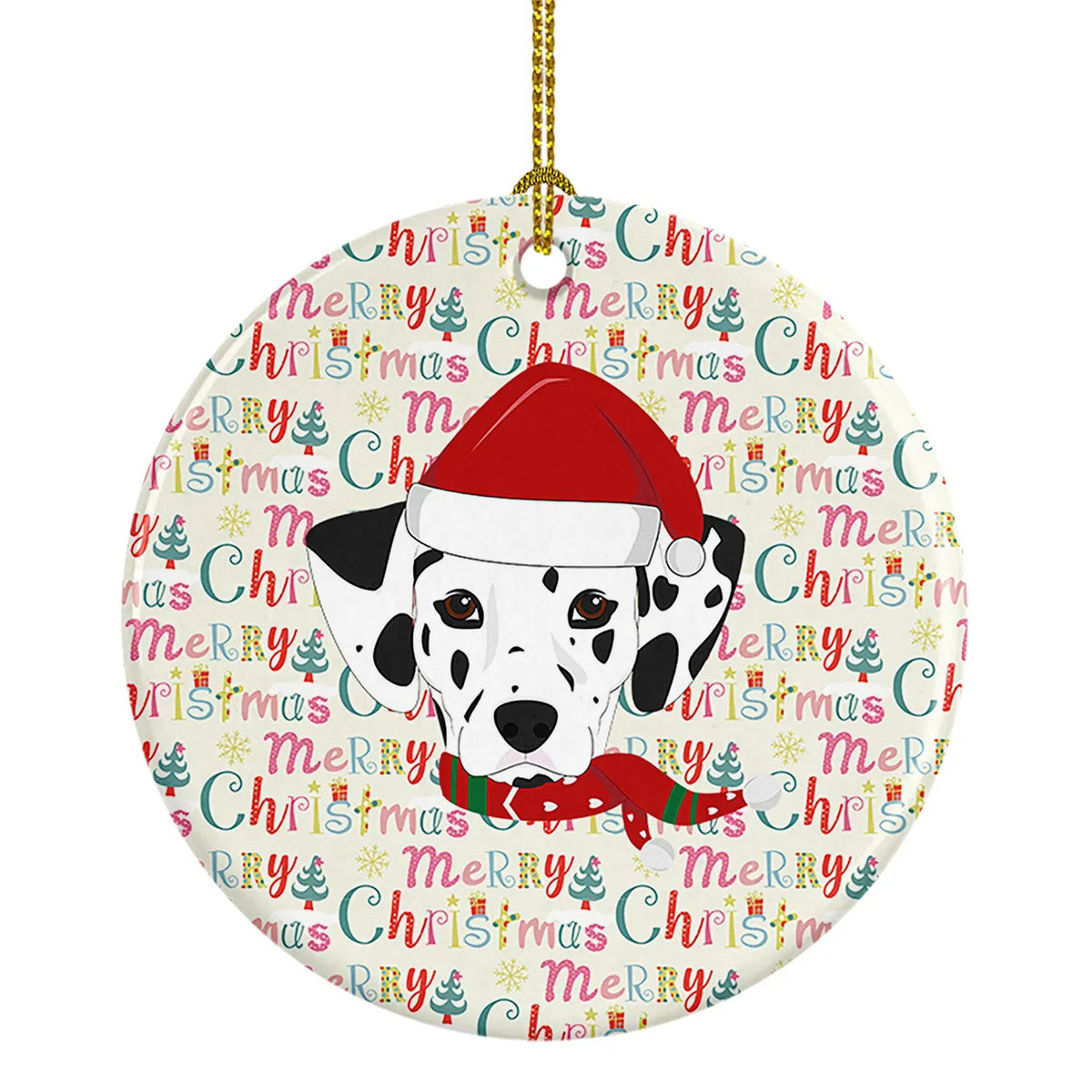 Dalmatian Dog Christmas Ceramic Ornament, Round Xmas Tree Hanging Decor, Blank Back for Custom Handwritten Notes