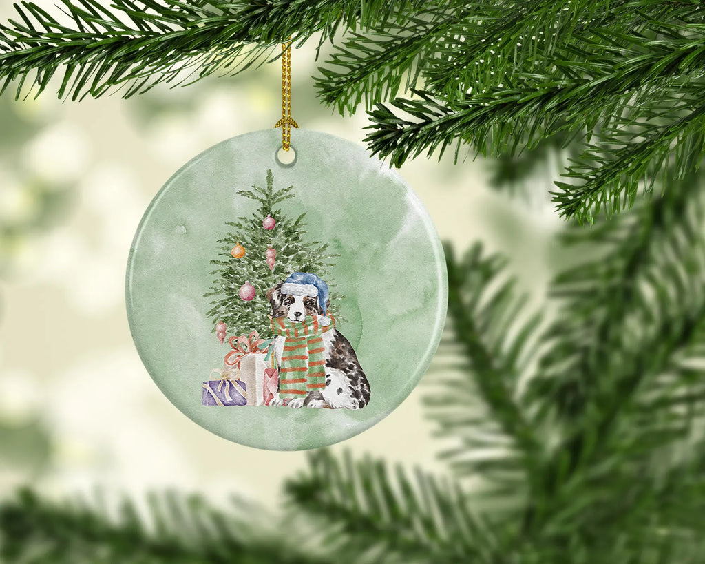 AEELLEEA Australian Shepherd Christmas Ceramic Ornament, Round Double Sided Xmas Tree Hanging Decor, Blank Back for Personalized Message