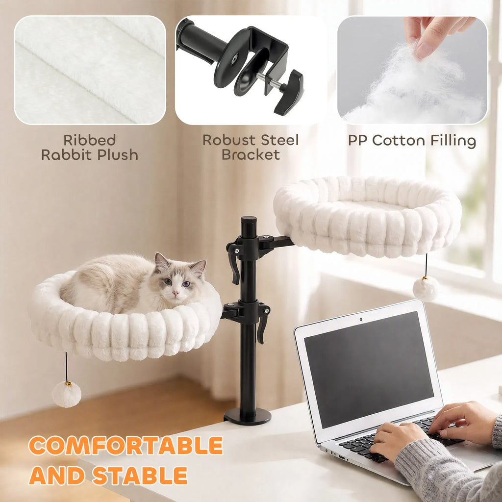 AEELLEEA Double Clamp-on Cat Perch, 360° Adjustable Plush Cat Bed with Pom Pom Toy, Steel Frame for Two Cats Up to 6kg