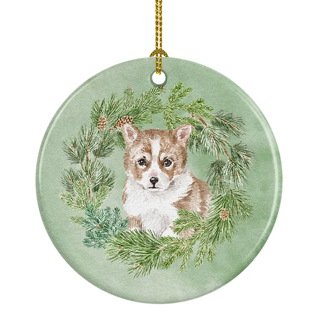 AEELLEEA Corgi Puppy Christmas Ceramic Ornament, Round Pine Wreath Dog Xmas Tree Hanging Decor, Blank Back for Personalized Messages