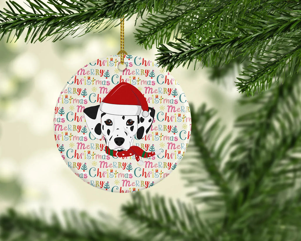 Dalmatian Dog Christmas Ceramic Ornament, Round Xmas Tree Hanging Decor, Blank Back for Custom Handwritten Notes