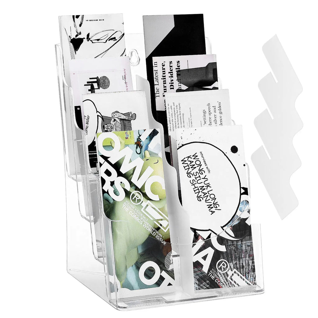 4 Tier Clear Acrylic Brochure Holder, Wall Mount or Desktop Literature Rack, Multi Pocket Magazine Flyer Pamphlet Display Stand for Office Store