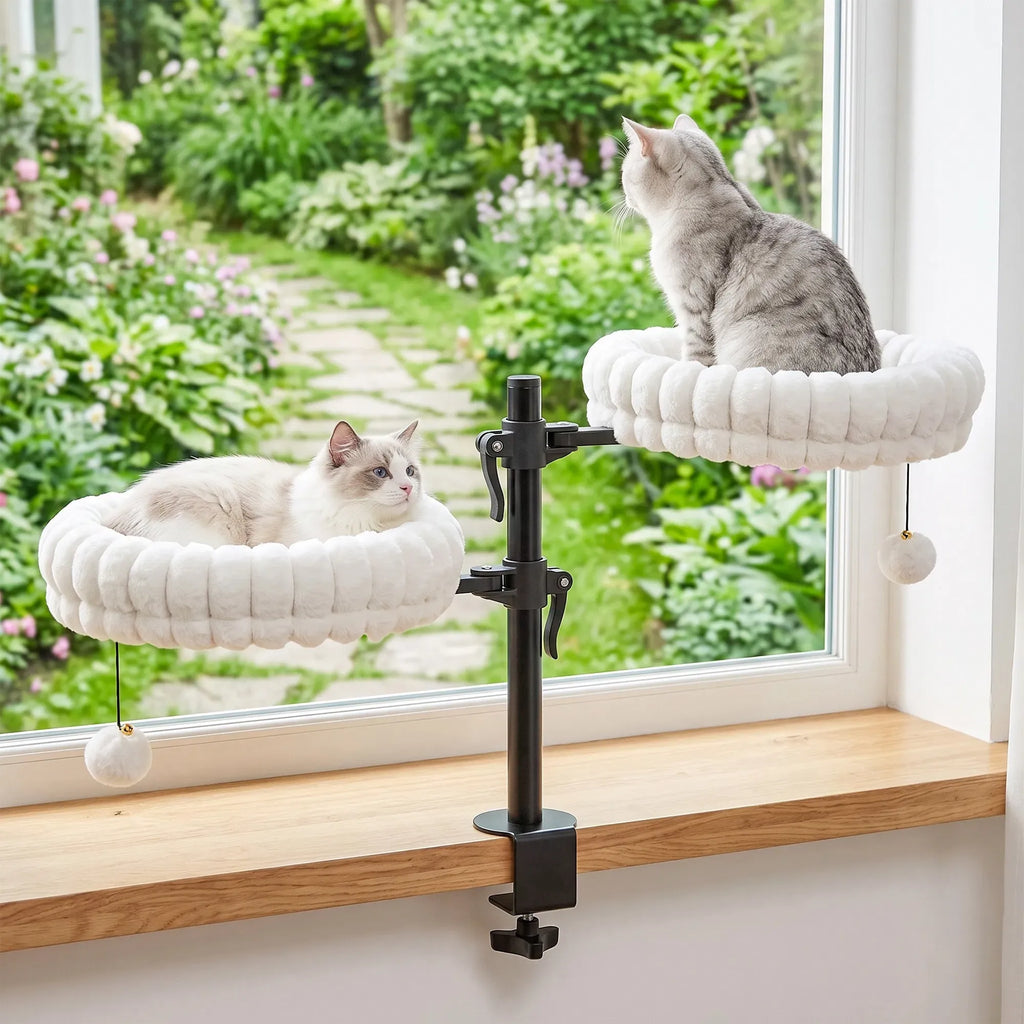 AEELLEEA Double Clamp-on Cat Perch, 360° Adjustable Plush Cat Bed with Pom Pom Toy, Steel Frame for Two Cats Up to 6kg