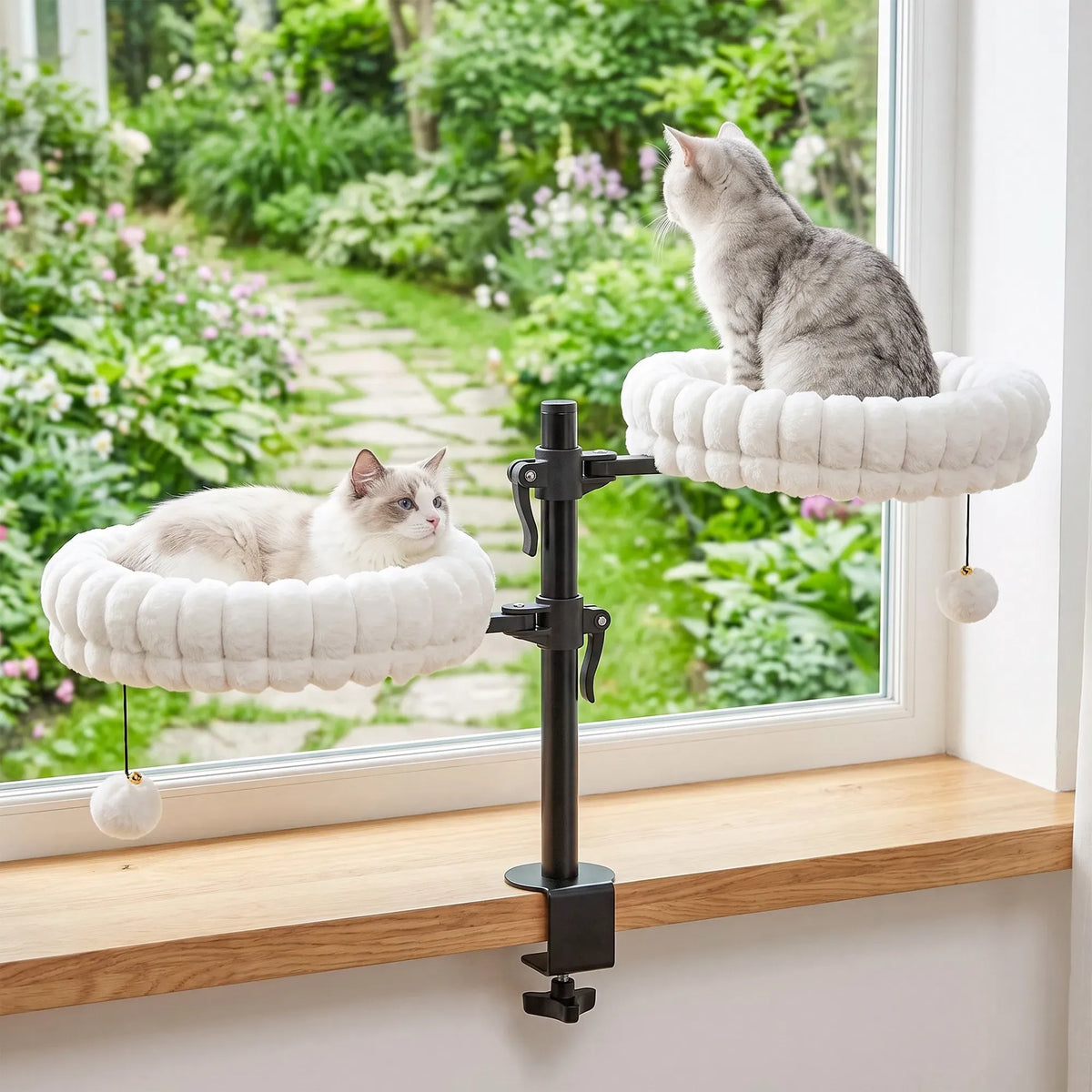 AEELLEEA Double Clamp-on Cat Perch, 360° Adjustable Plush Cat Bed with Pom Pom Toy, Steel Frame for Two Cats Up to 6kg
