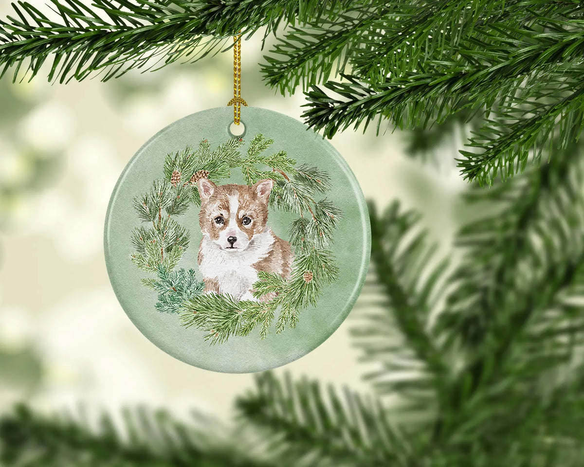 AEELLEEA Corgi Puppy Christmas Ceramic Ornament, Round Pine Wreath Dog Xmas Tree Hanging Decor, Blank Back for Personalized Messages