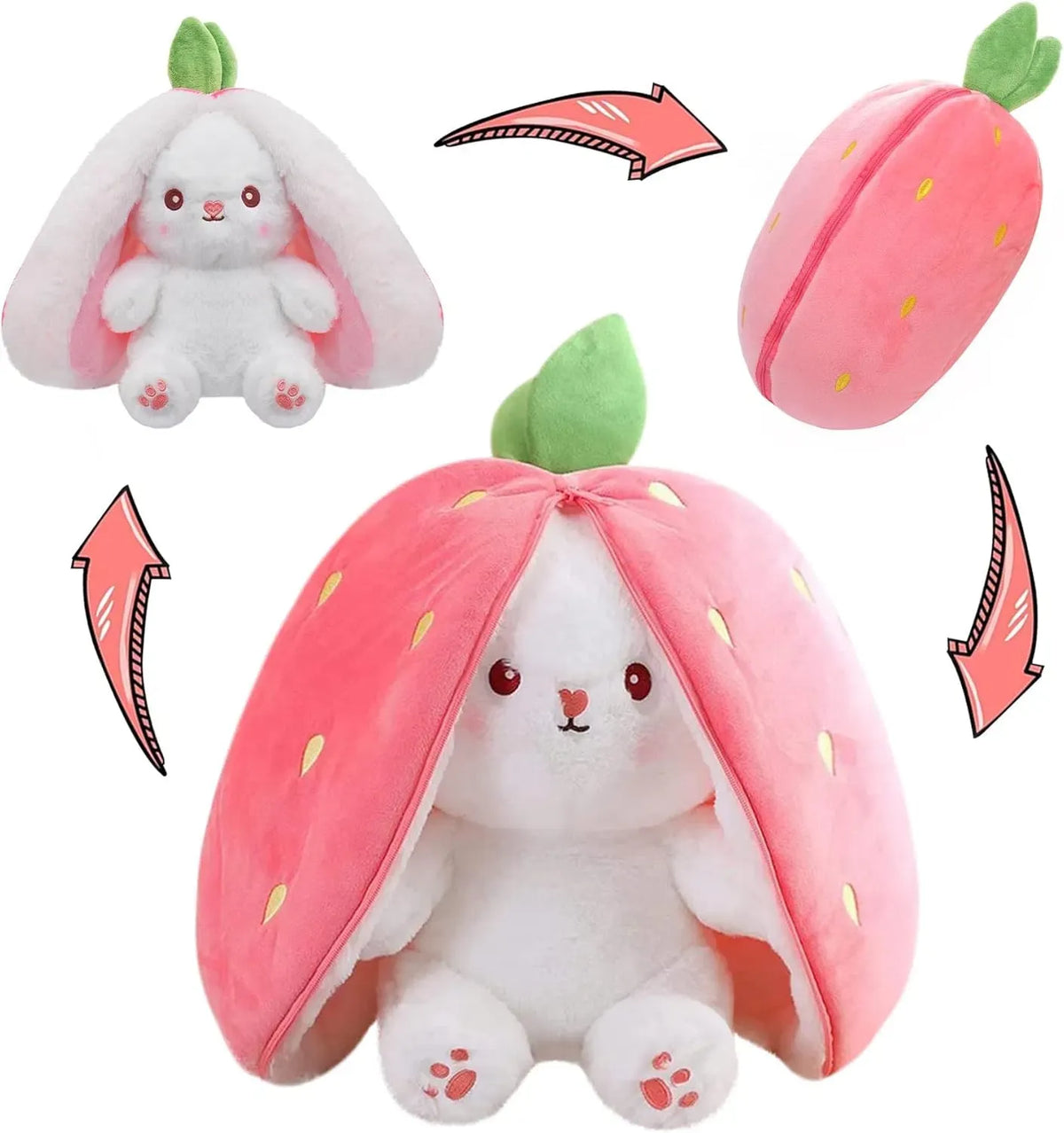 AEELLEEA Reversible Strawberry Bunny Plush Toy, Zipper Transformable Strawberry Rabbit Stuffed Animal, Cute Soft Plush Pillow Gift for Kids