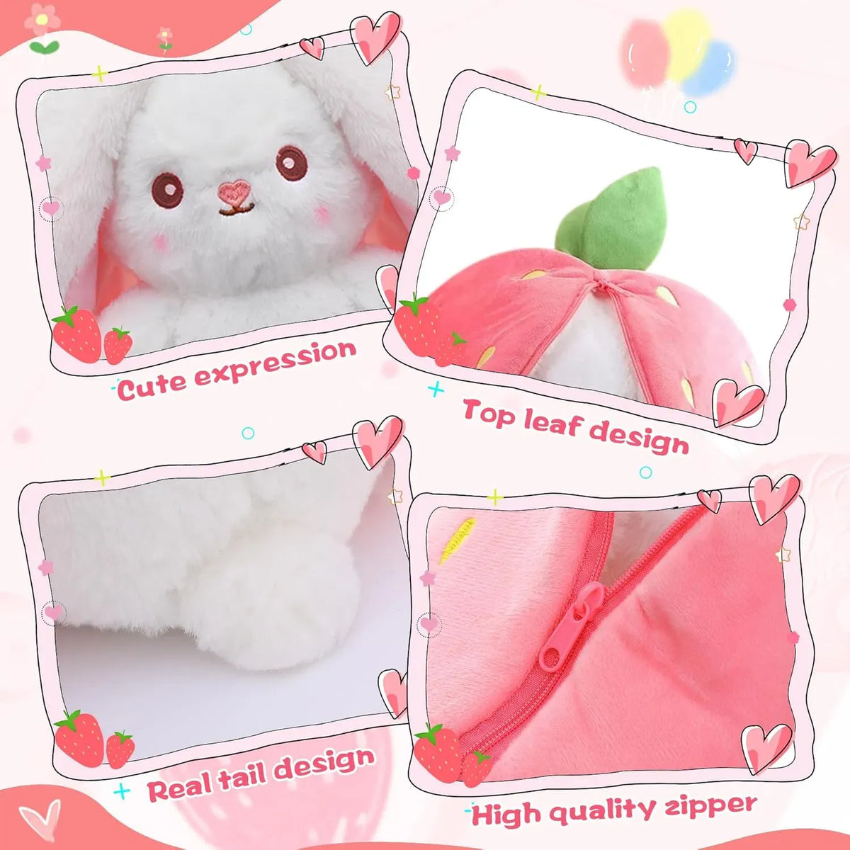 AEELLEEA Reversible Strawberry Bunny Plush Toy, Zipper Transformable Strawberry Rabbit Stuffed Animal, Cute Soft Plush Pillow Gift for Kids