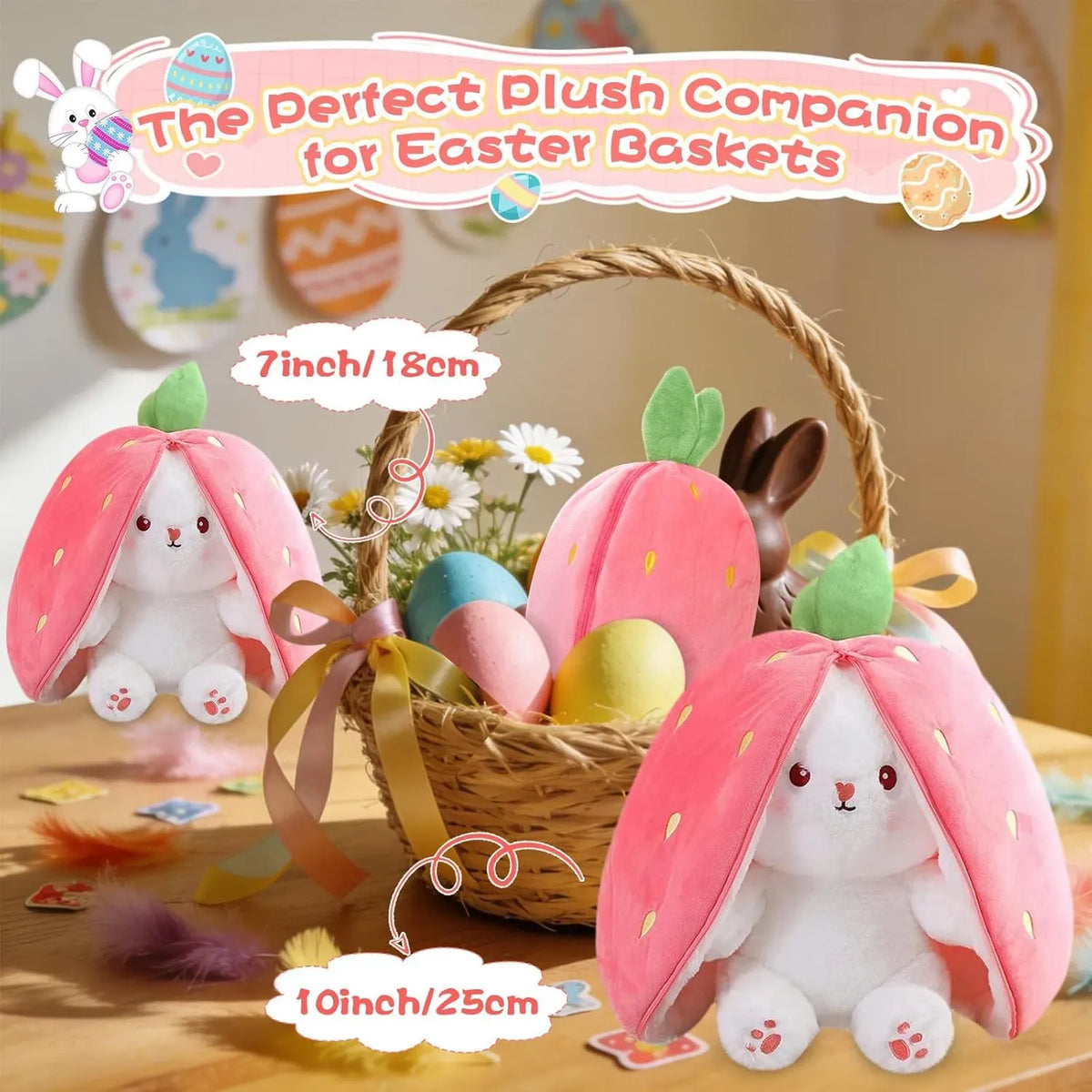 AEELLEEA Reversible Strawberry Bunny Plush Toy, Zipper Transformable Strawberry Rabbit Stuffed Animal, Cute Soft Plush Pillow Gift for Kids