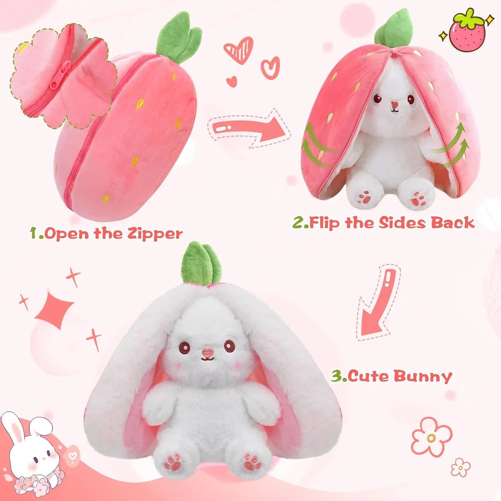 AEELLEEA Reversible Strawberry Bunny Plush Toy, Zipper Transformable Strawberry Rabbit Stuffed Animal, Cute Soft Plush Pillow Gift for Kids