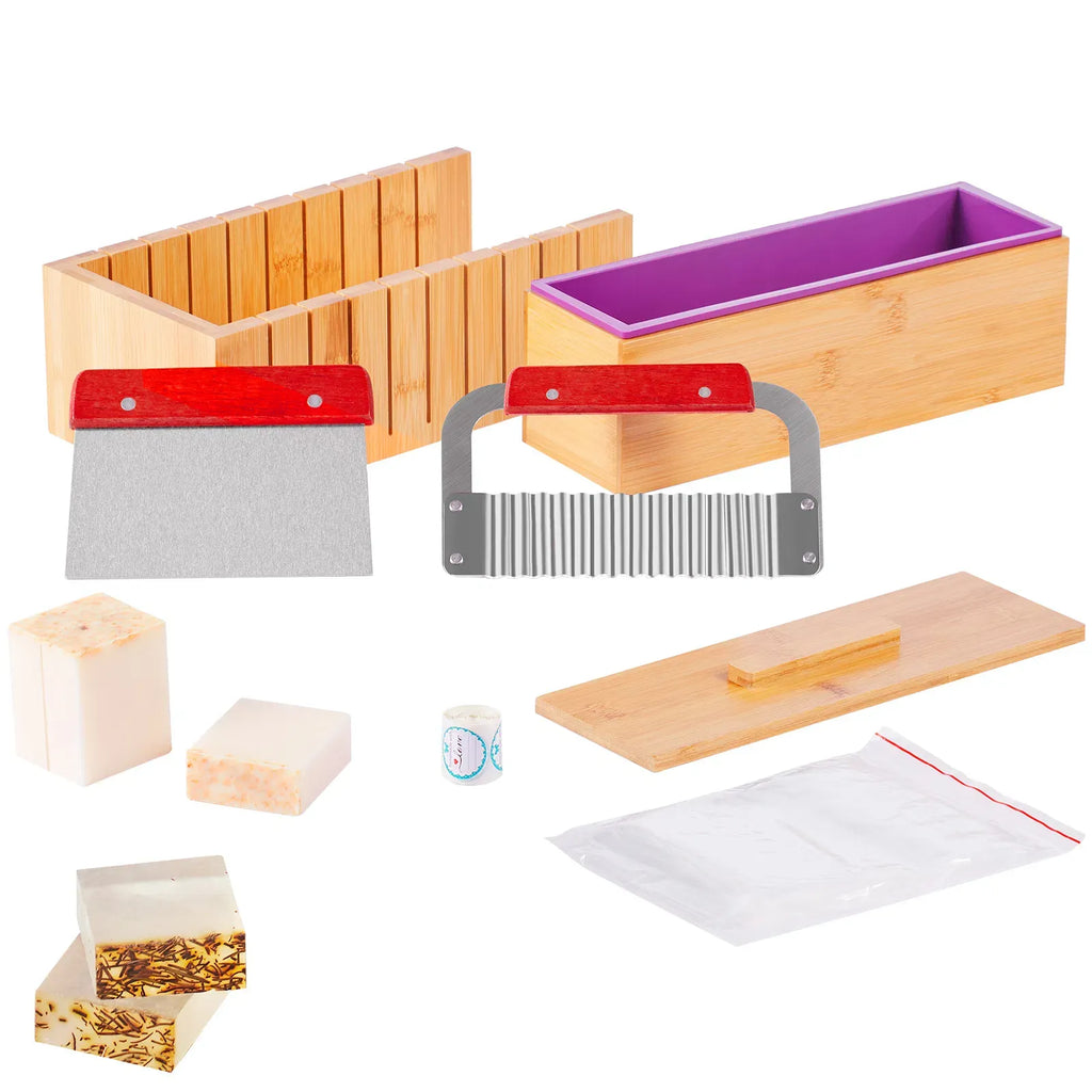 AEELLEEA DIY Soap Making Kit, Bamboo Soap Cutter Box with Silicone Loaf Mold, Stainless Steel Cutting Tools, Handmade Soap Making Supplies Set for Soap Crafting