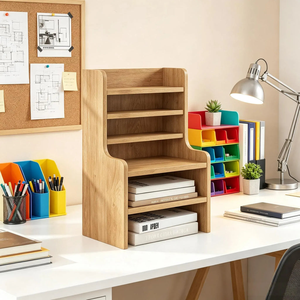 AEELLEEA Wooden Desktop Bookshelf, Multi Tier Tabletop Organizer, Desk Storage Rack for Office Supplies Books Stationery Home Desk Decor