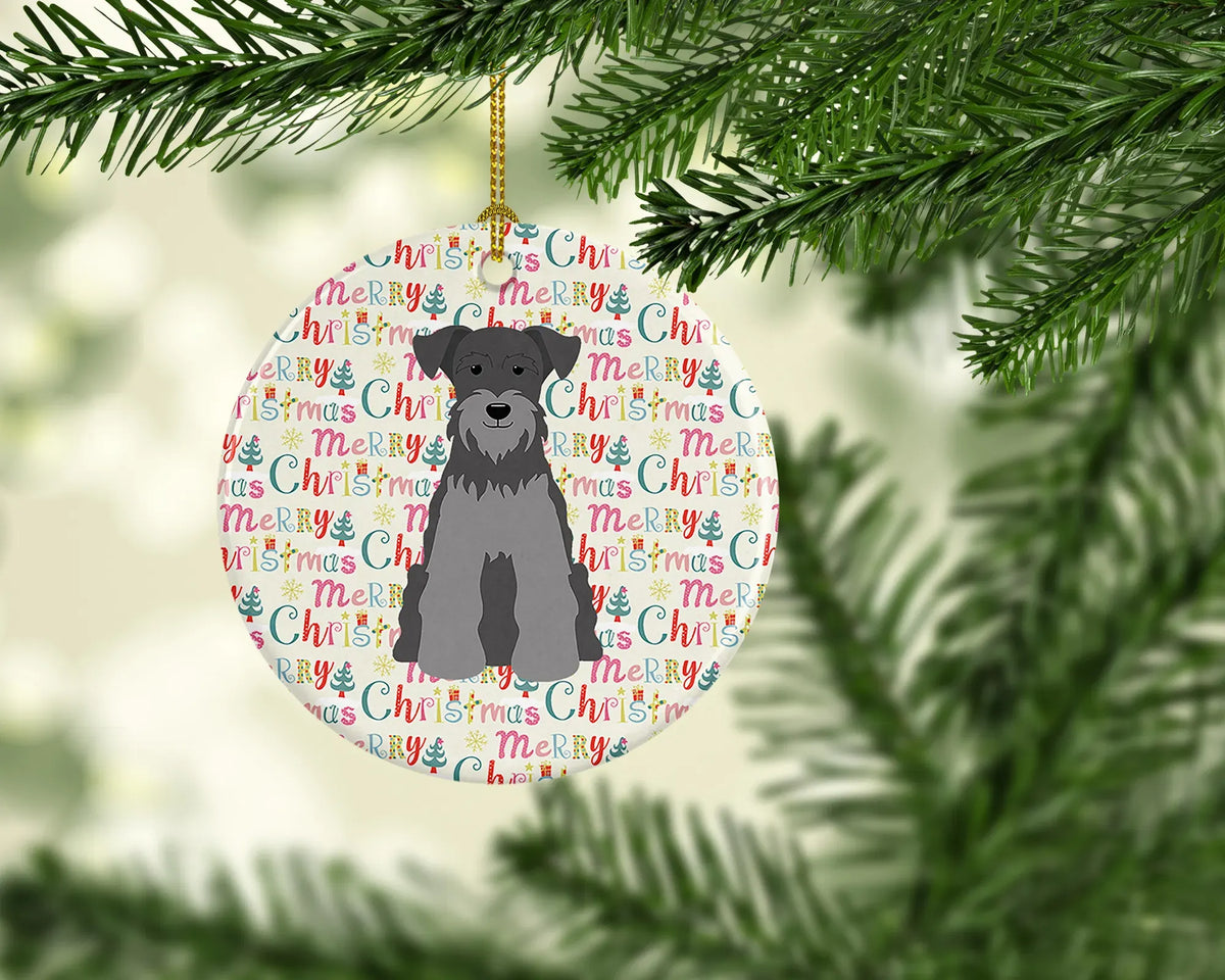 Schnauzer Dog Christmas Ceramic Ornament, Round Xmas Tree Hanging Decor, Blank Back for Custom Handwritten Personalized Notes
