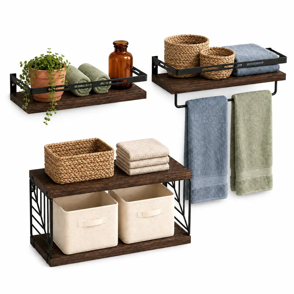 Rustic Wood Floating Wall Shelves with Towel Bar, Metal Frame Wall Storage Organizer for Bathroom Kitchen Bedroom