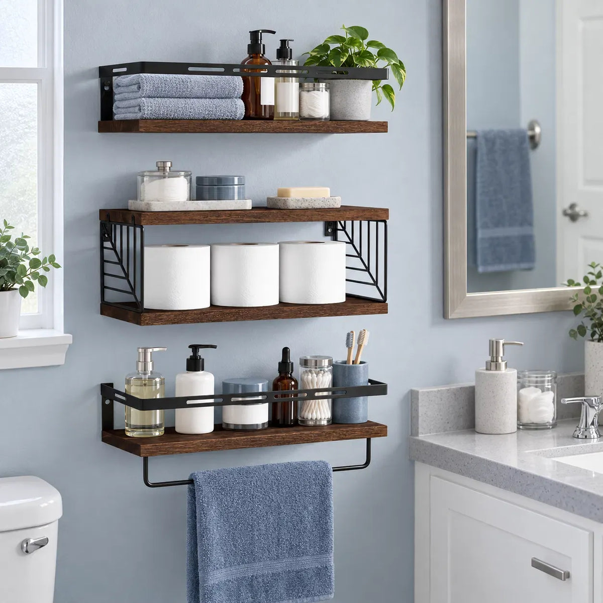 Rustic Wood Floating Wall Shelves with Towel Bar, Metal Frame Wall Storage Organizer for Bathroom Kitchen Bedroom